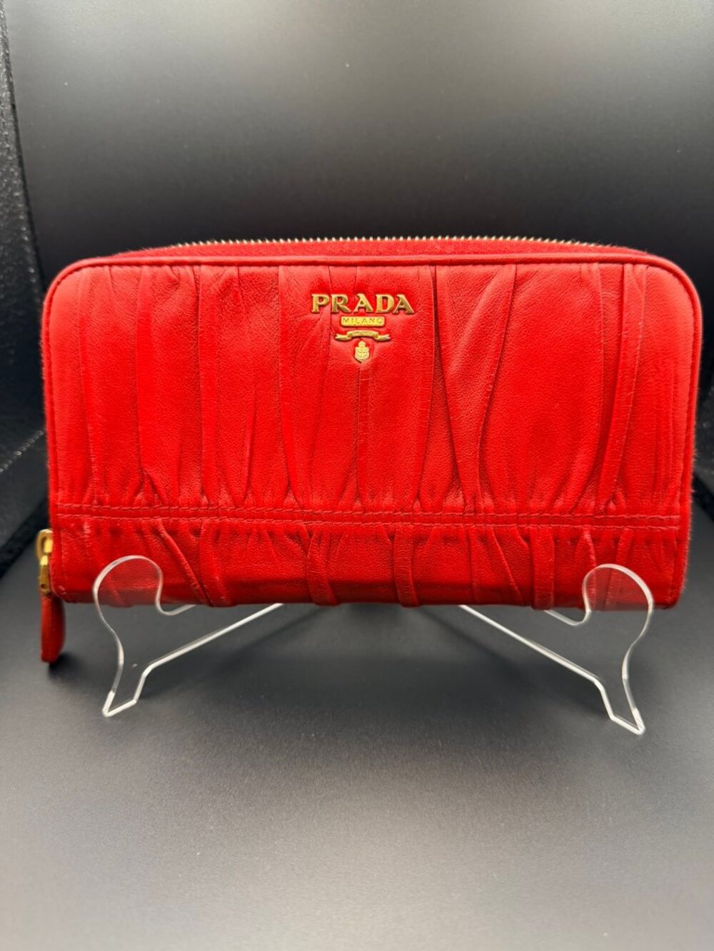 Prada Red Nappa Gaufre Zip Around Wallet